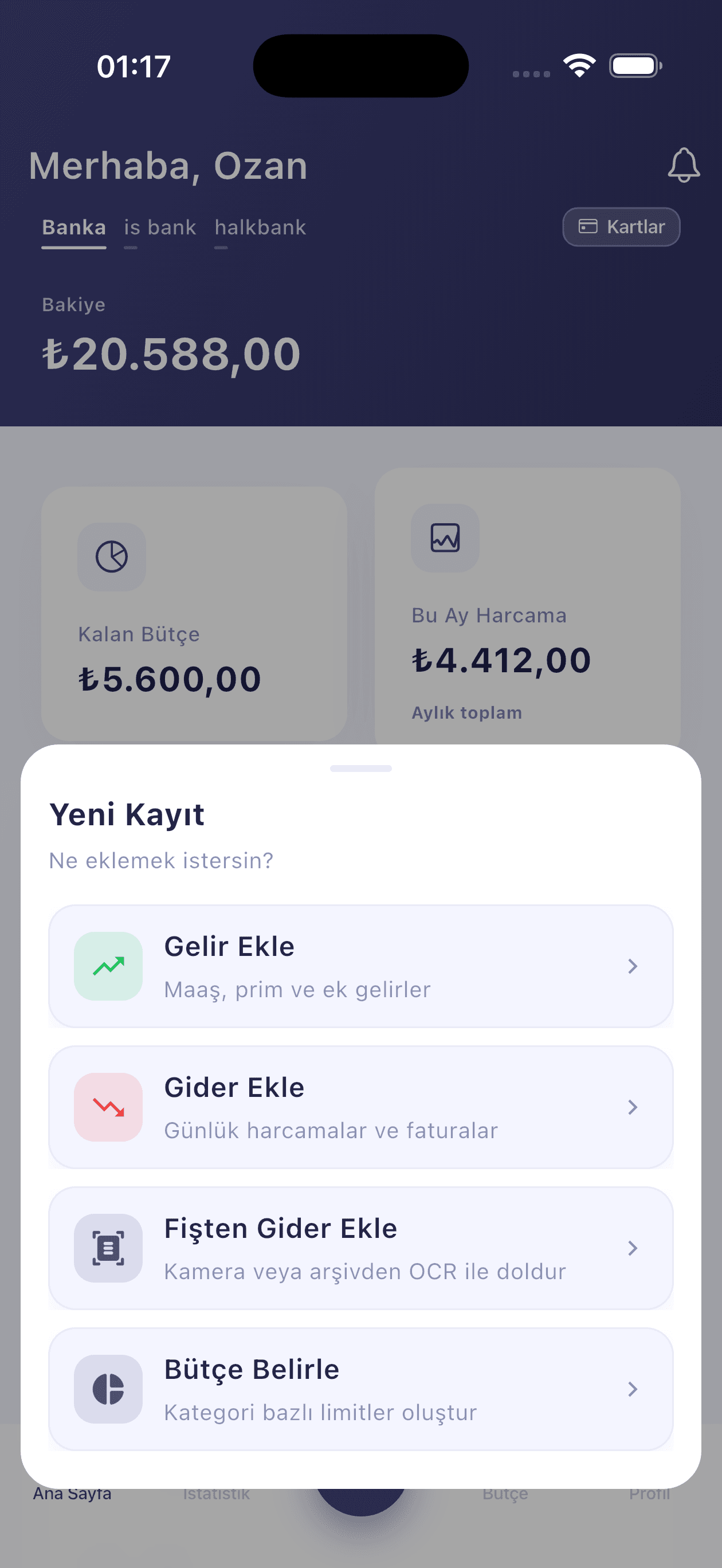 Hızlı işlem ekranı